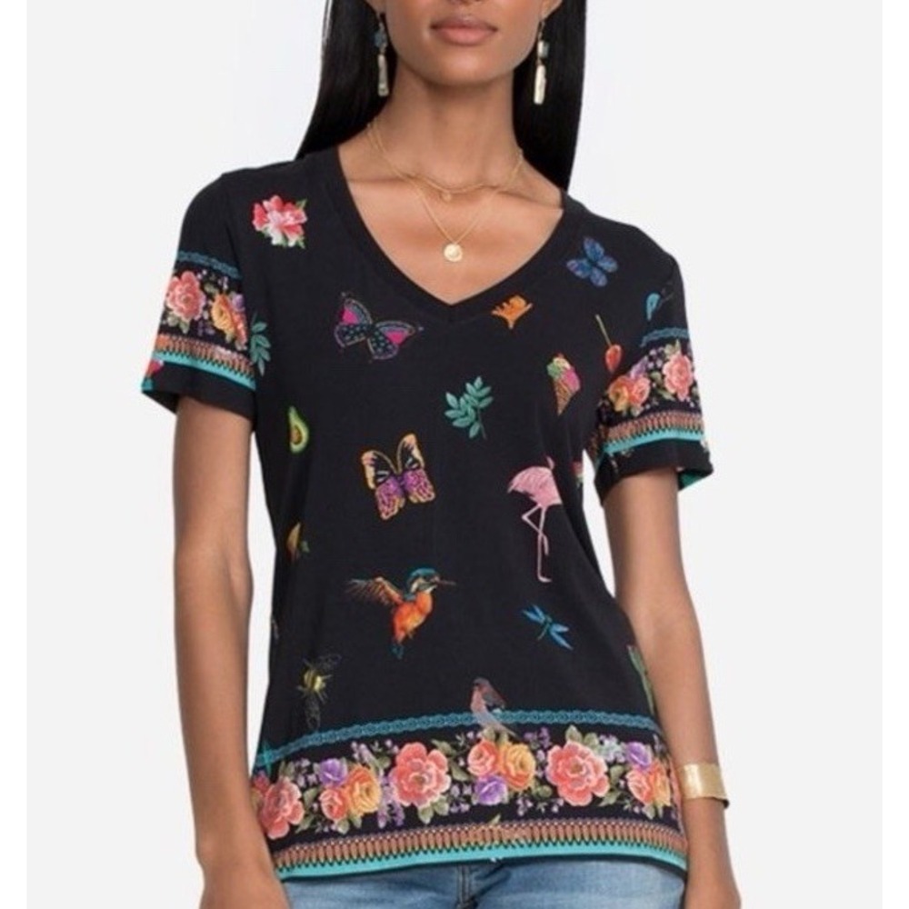 Johnny Was Zooey‎ Black Whimsical Graphic Short Sleeve Tee Size XS